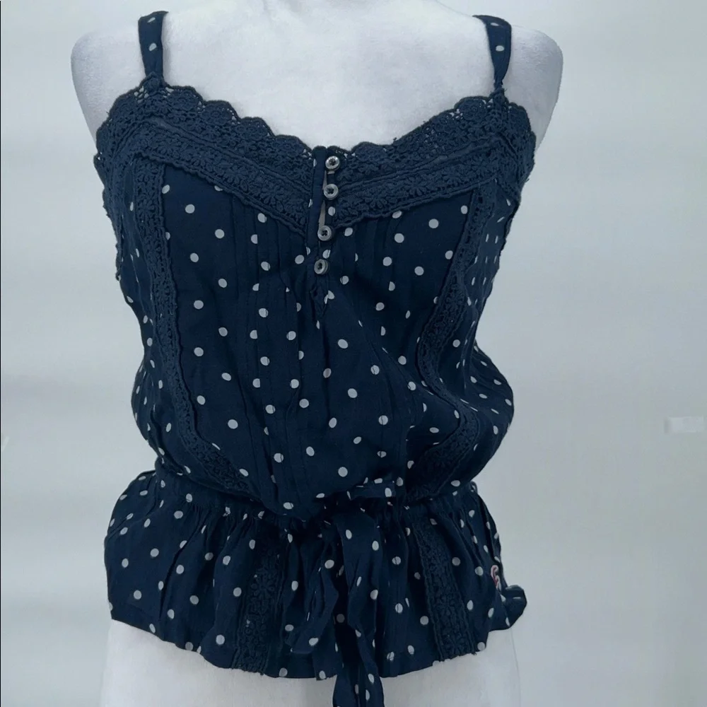 New Hollister Polka Dot Lace Cami Top Navy Blue Button Front Size Medium - Picture 3 of 10